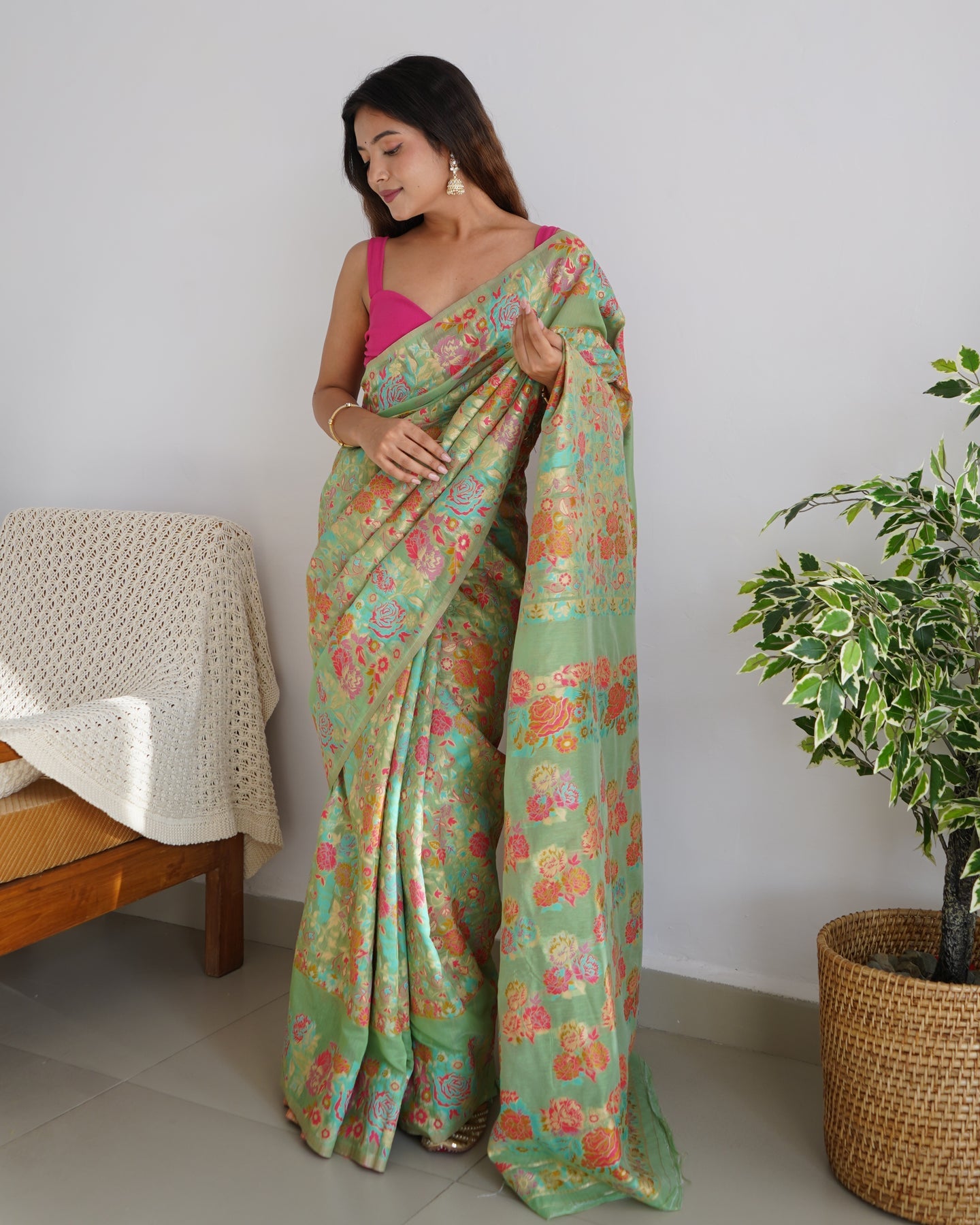 Charming Pista Pashmina saree With Breathtaking Blouse Piece