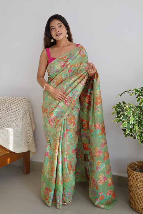 Load image into Gallery viewer, Charming Pista Pashmina saree With Breathtaking Blouse Piece
