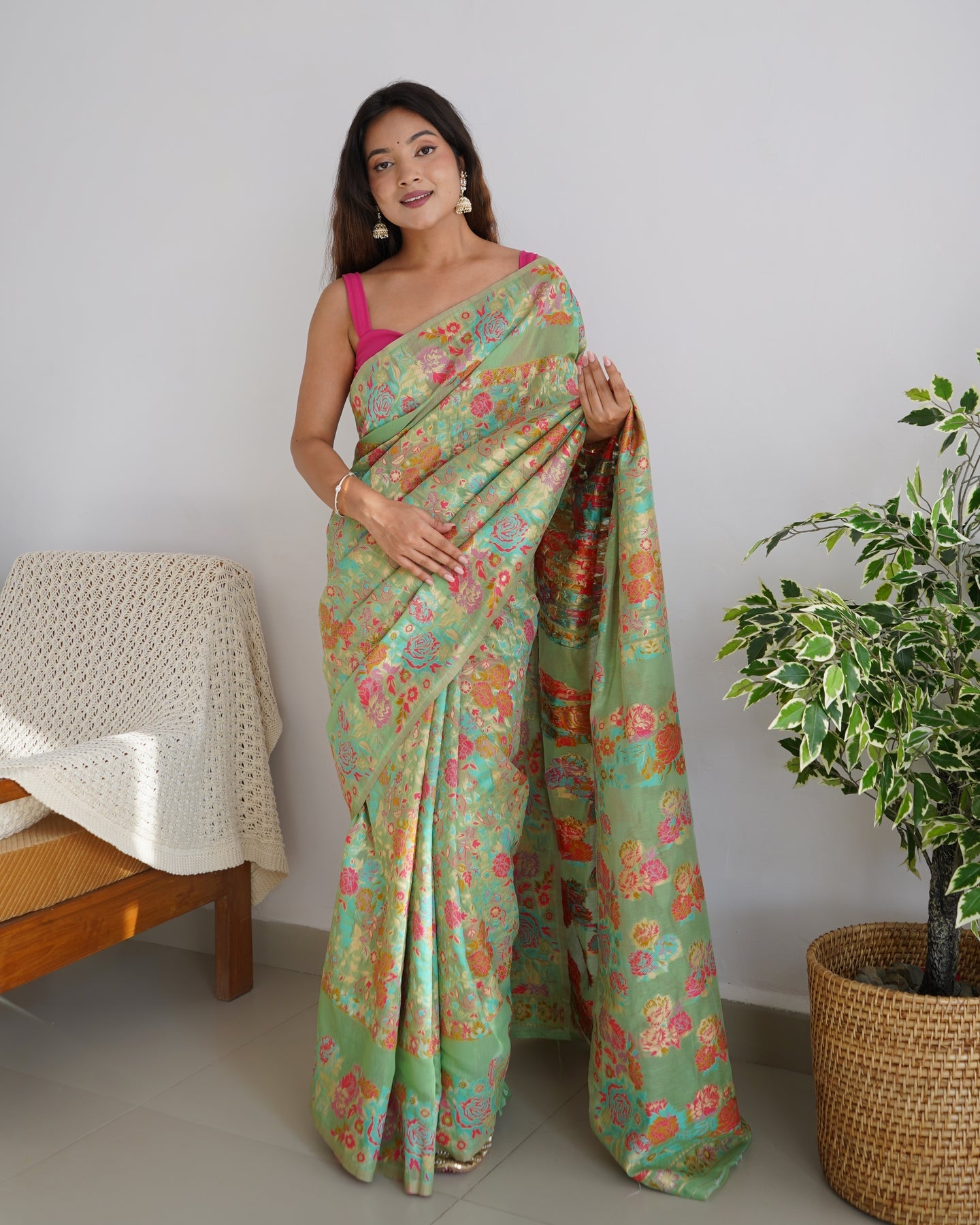 Charming Pista Pashmina saree With Breathtaking Blouse Piece