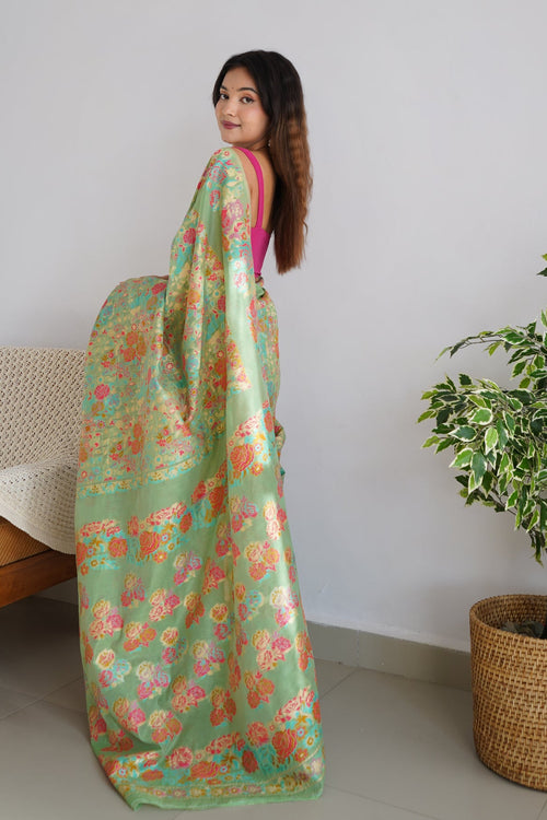 Load image into Gallery viewer, Charming Pista Pashmina saree With Breathtaking Blouse Piece
