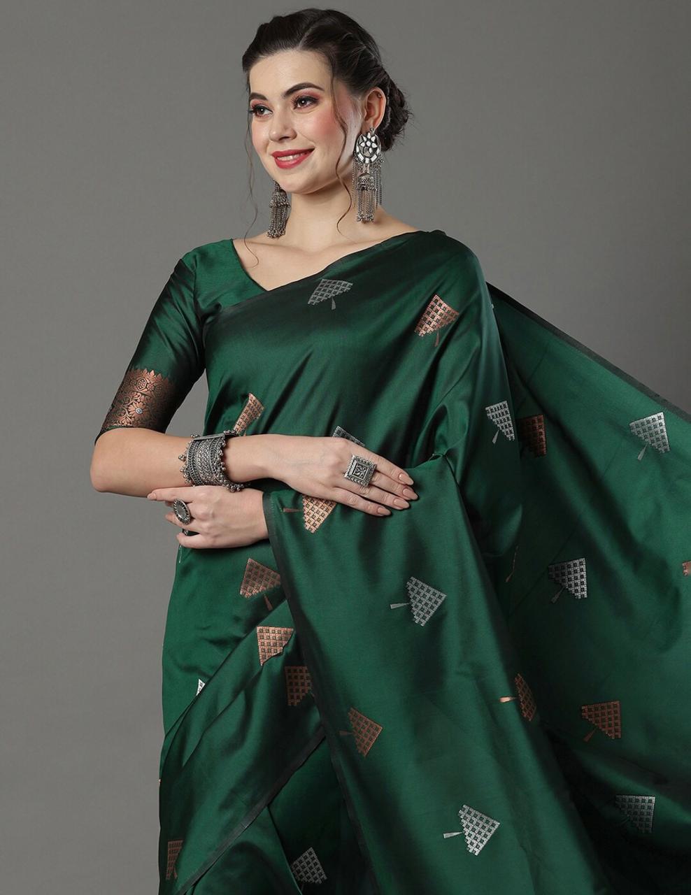 Ethnic Green Soft Silk Saree With Preferable Blouse Piece