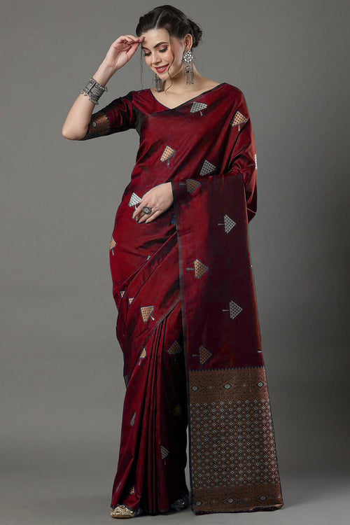 Buy Maroon Semi Handloom Cotton Border Work Saree With Running Blouse For  Women by Nazaakat by Samara Singh Online at Aza Fashions.