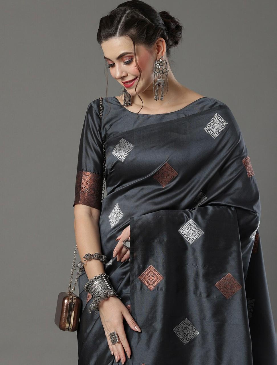 Lagniappe Grey Soft Silk Saree With Redolent Blouse Piece