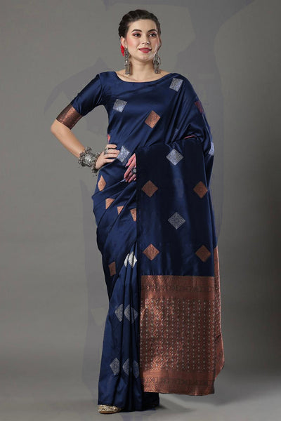 Symmetrical Navy Blue Soft Silk Saree With Splendorous Blouse Piece