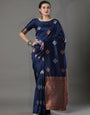 Symmetrical Navy Blue Soft Silk Saree With Splendorous Blouse Piece