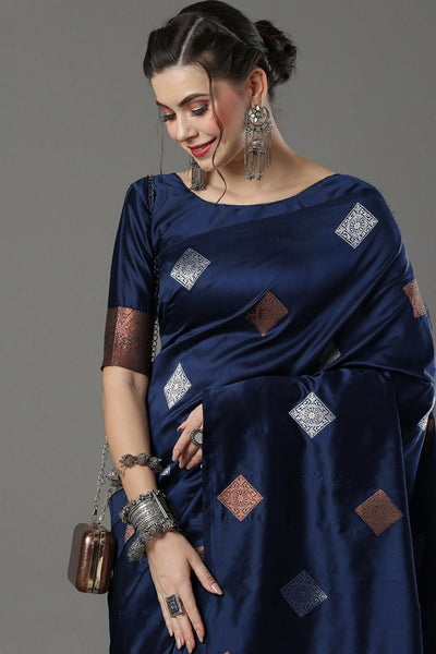 Symmetrical Navy Blue Soft Silk Saree With Splendorous Blouse Piece