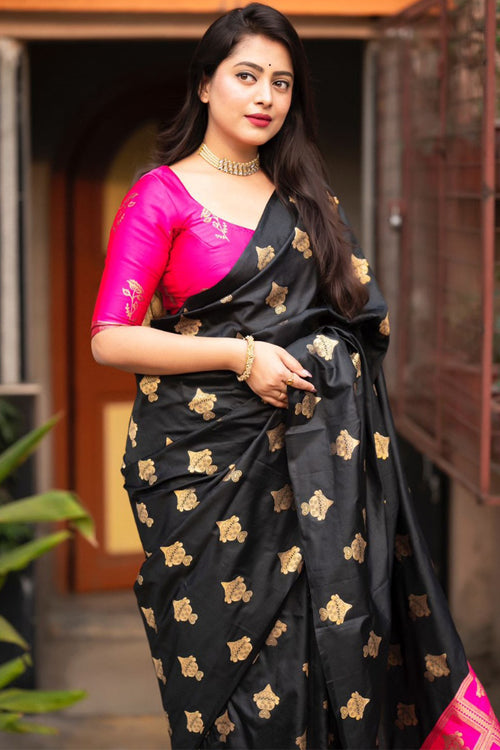 Load image into Gallery viewer, Epiphany Black and Dark Pink Soft Silk Saree With Snazzy Blouse Piece
