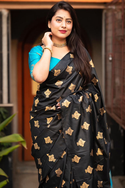 Load image into Gallery viewer, Elaborate Black and Firozi Soft Silk Saree With Piquant Blouse Piece
