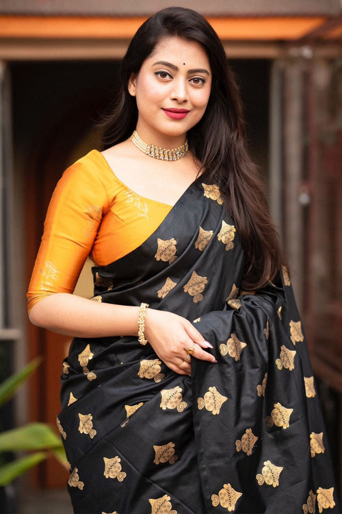 Load image into Gallery viewer, Winsome Black and Mustard Soft Silk Saree With Seraglio Blouse Piece
