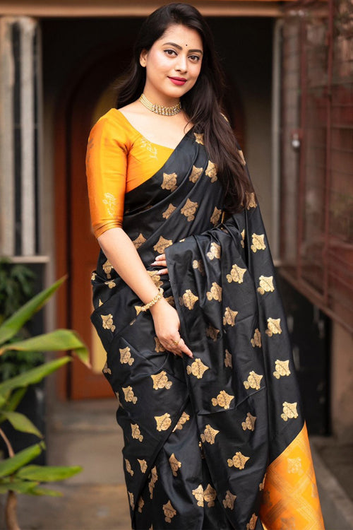 Load image into Gallery viewer, Winsome Black and Mustard Soft Silk Saree With Seraglio Blouse Piece
