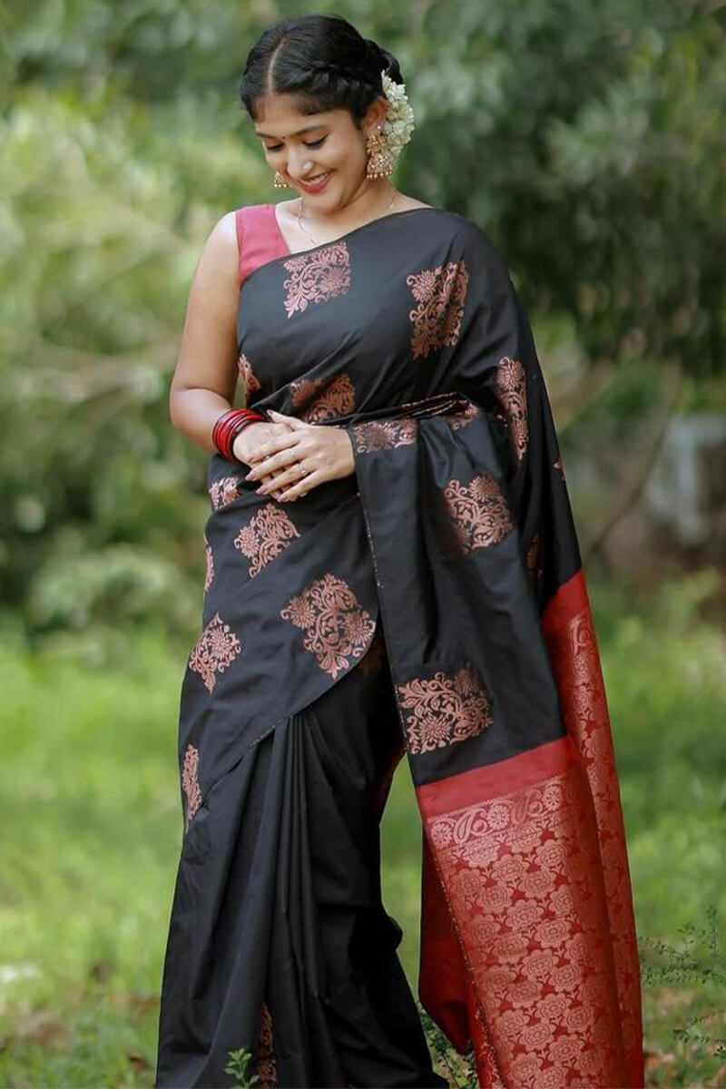 Adorable Black Soft Silk Saree With Gratifying Blouse Piece
