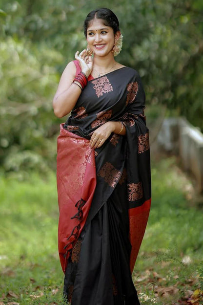 Adorable Black Soft Silk Saree With Gratifying Blouse Piece