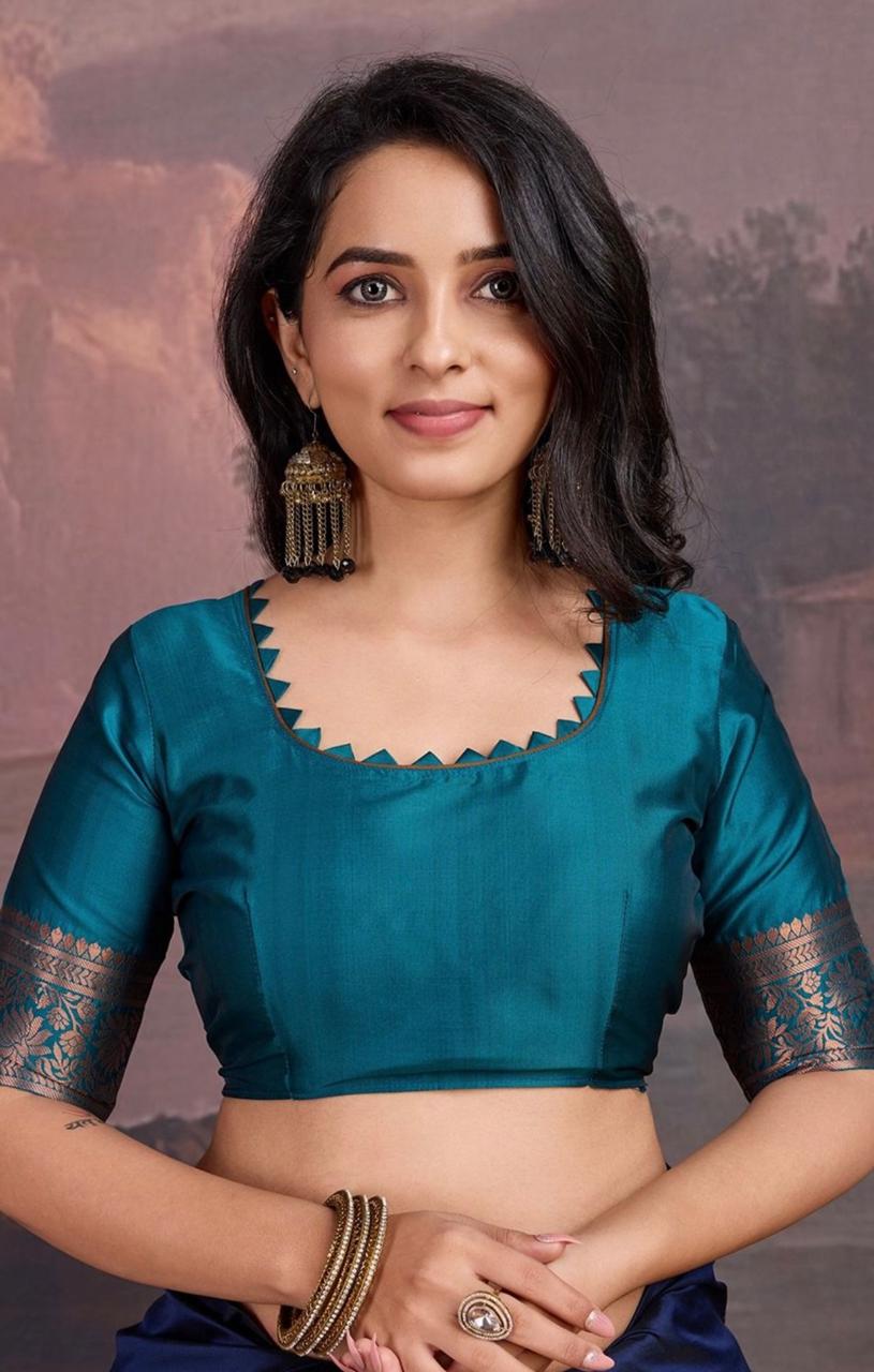 Precious Navy Blue Soft Silk Saree With Innovative Blouse Piece