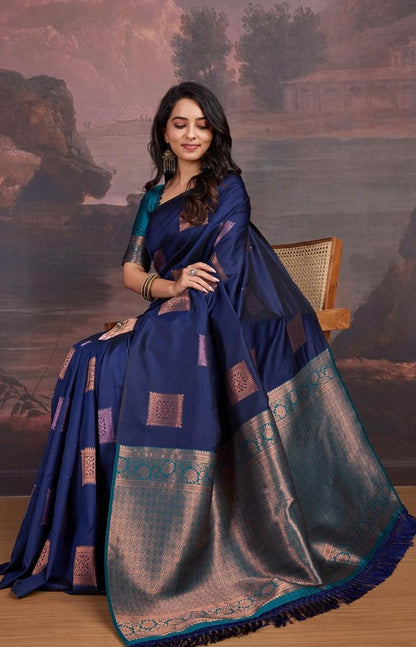 Precious Navy Blue Soft Silk Saree With Innovative Blouse Piece