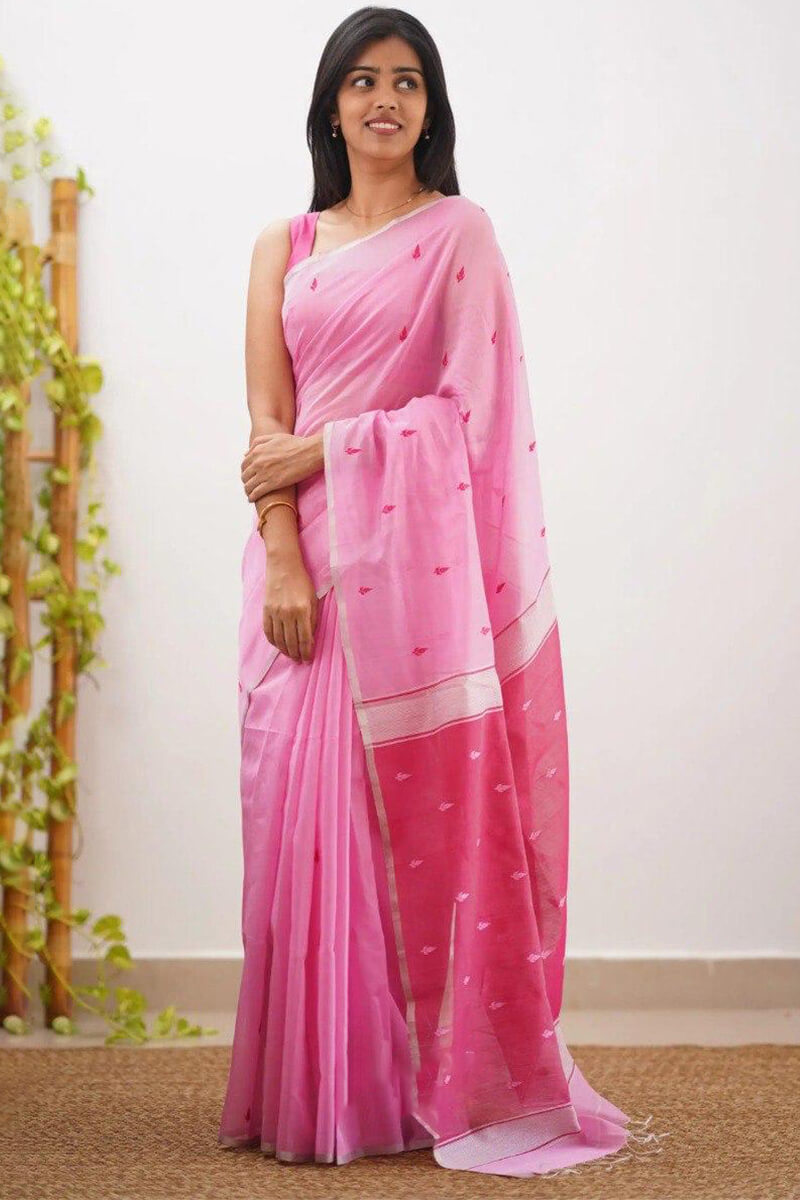 Tremendous Pink Cotton Silk Saree With Whimsical Blouse Piece