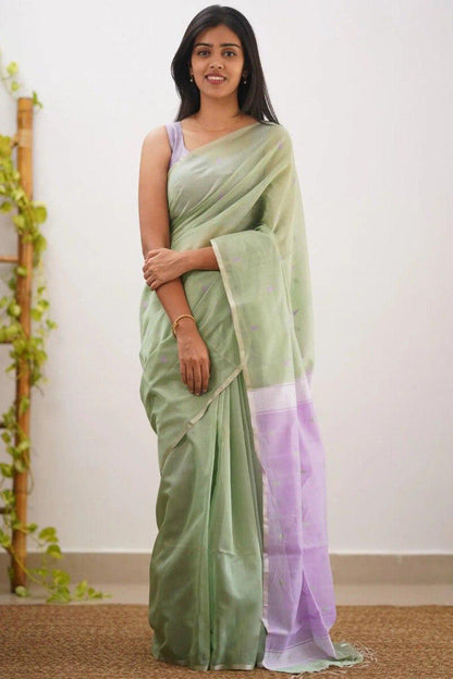 Magnetic Pista Cotton Silk Saree With Beleaguer Blouse Piece