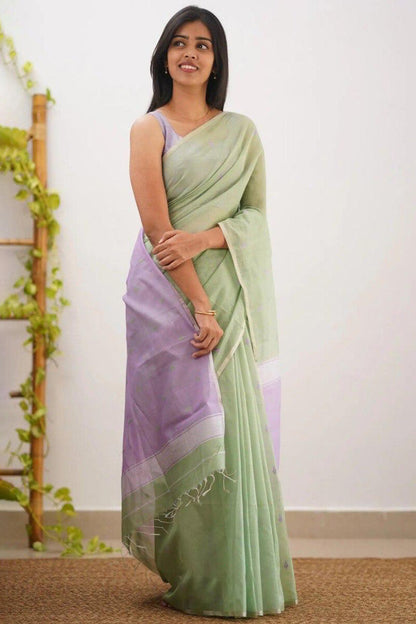 Magnetic Pista Cotton Silk Saree With Beleaguer Blouse Piece