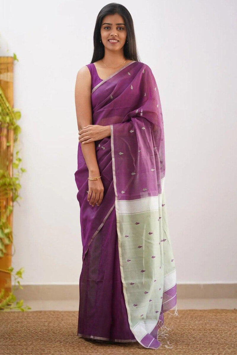 Energetic Purple Cotton Silk Saree With Comely Blouse Piece