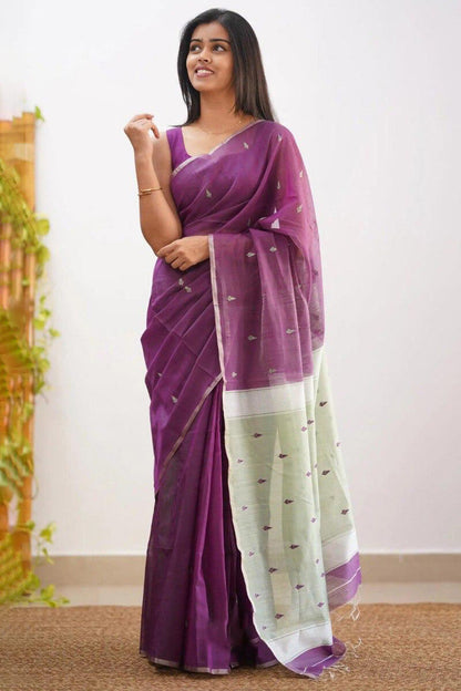 Energetic Purple Cotton Silk Saree With Comely Blouse Piece