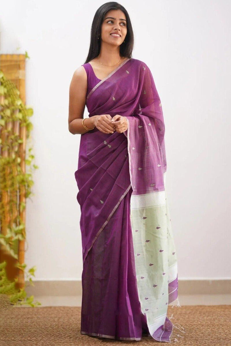 Energetic Purple Cotton Silk Saree With Comely Blouse Piece