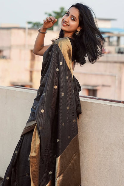Sizzling Black Soft Silk Saree With Designer Blouse Piece