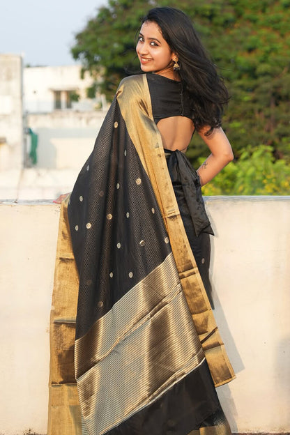 Sizzling Black Soft Silk Saree With Designer Blouse Piece