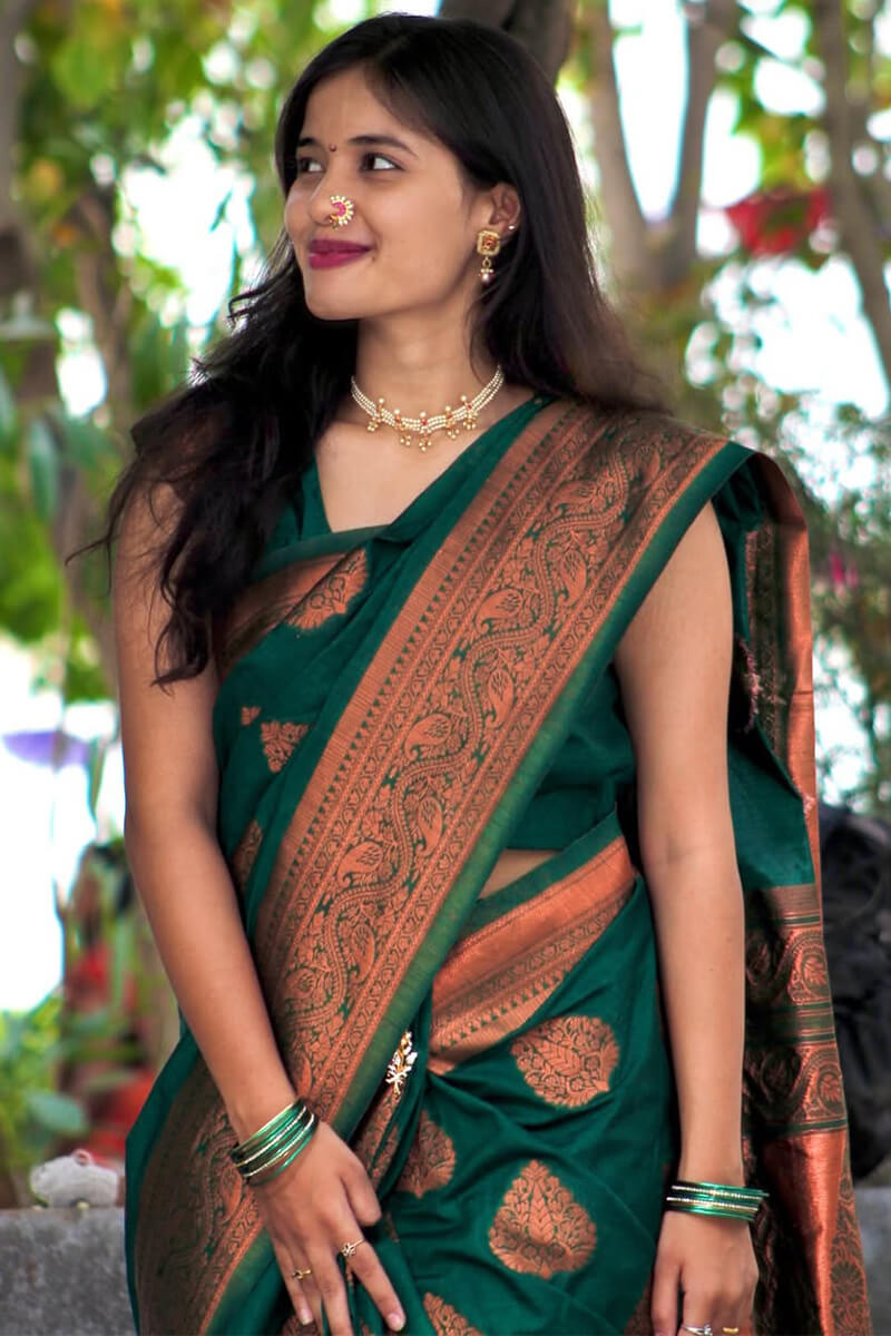 Desiring Dark Green Soft Silk Saree With Serendipity Blouse Piece