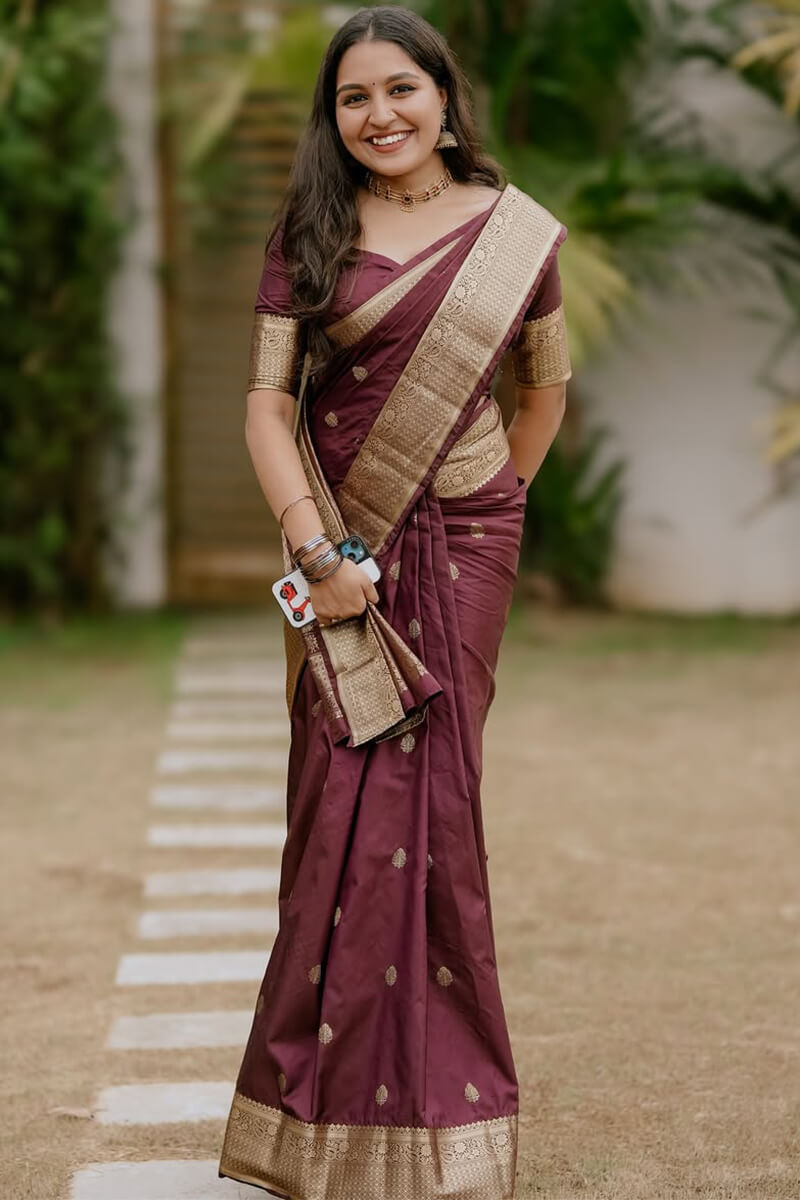 Glorious Wine Soft Silk Saree With Desirable Blouse Piece