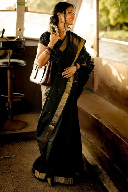 Surpassing Black Cotton Silk Saree With Classy Blouse Piece