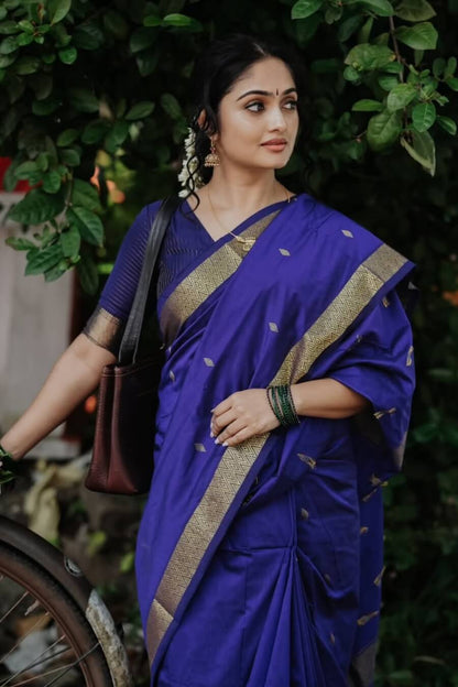 Imaginative Navy Blue Cotton Silk Saree With Whimsical Blouse Piece
