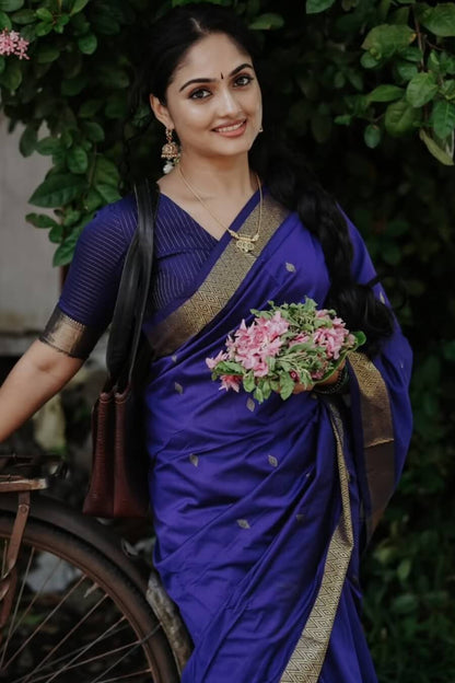 Imaginative Navy Blue Cotton Silk Saree With Whimsical Blouse Piece