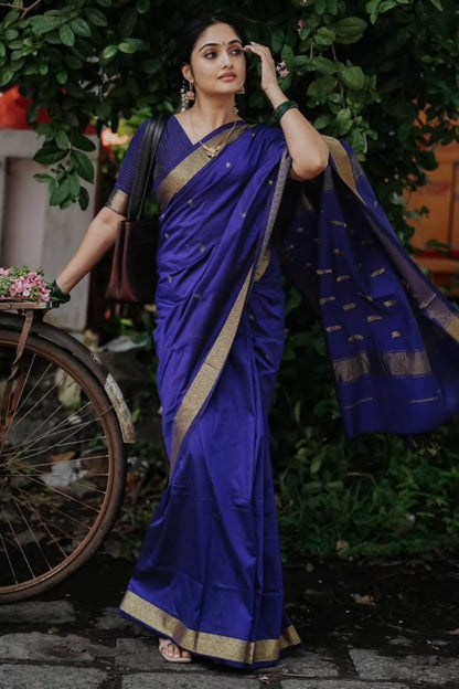Imaginative Navy Blue Cotton Silk Saree With Whimsical Blouse Piece