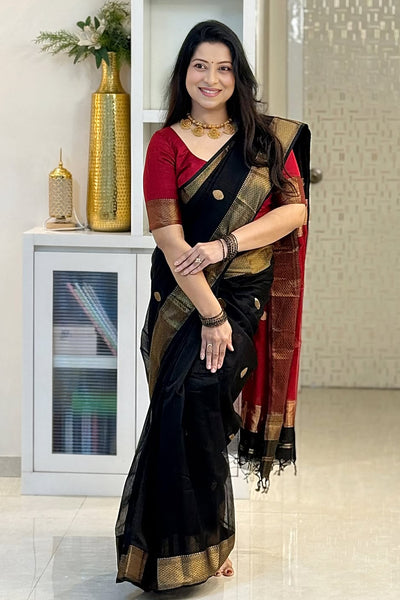 Blooming Black Cotton Silk Saree With Prettiest Blouse Piece