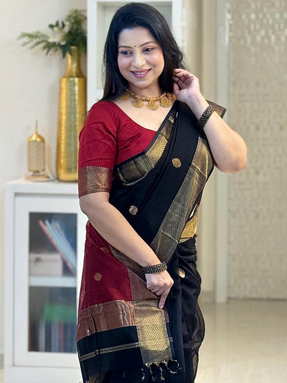 Blooming Black Cotton Silk Saree With Prettiest Blouse Piece