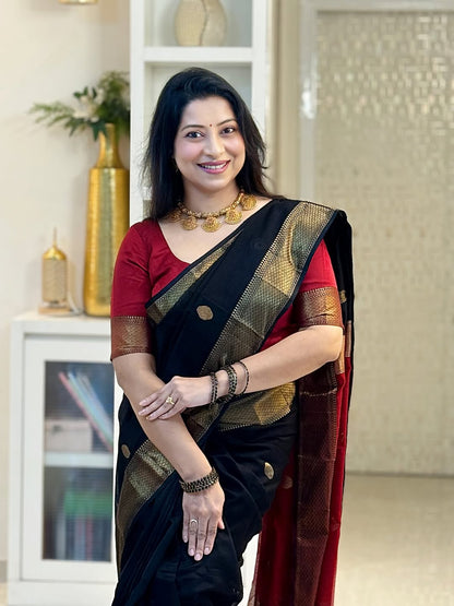 Blooming Black Cotton Silk Saree With Prettiest Blouse Piece