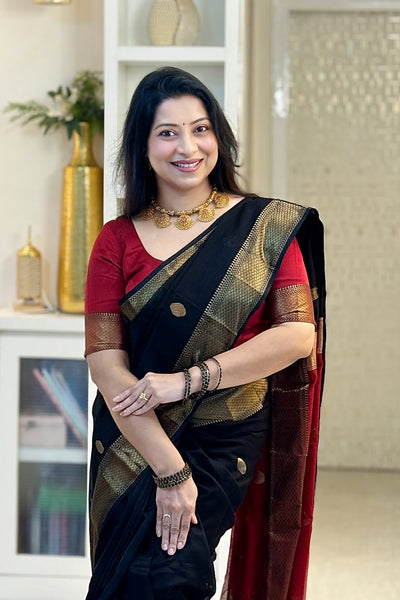 Blooming Black Cotton Silk Saree With Prettiest Blouse Piece