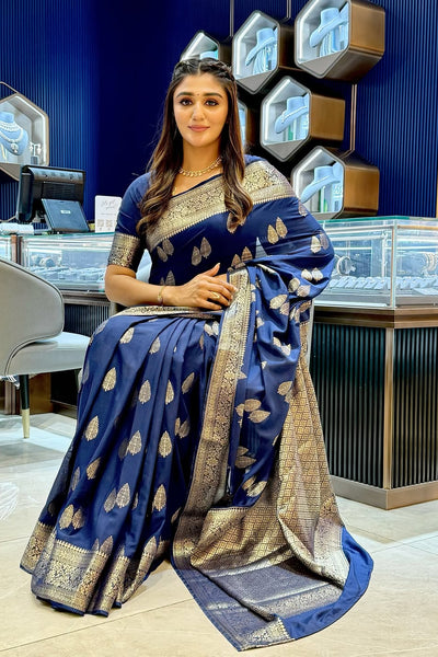 Capricious Navy Blue Soft Silk Saree With Dazzling Blouse Piece