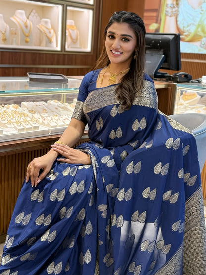 Capricious Navy Blue Soft Silk Saree With Dazzling Blouse Piece