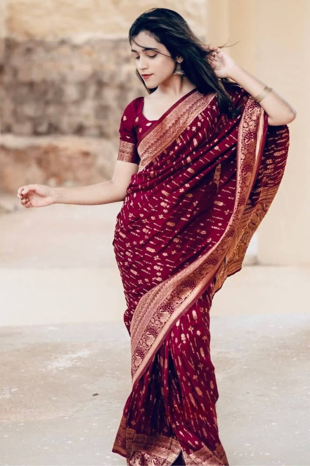 Dulcet Maroon Soft Silk Saree With Twirling Blouse Piece
