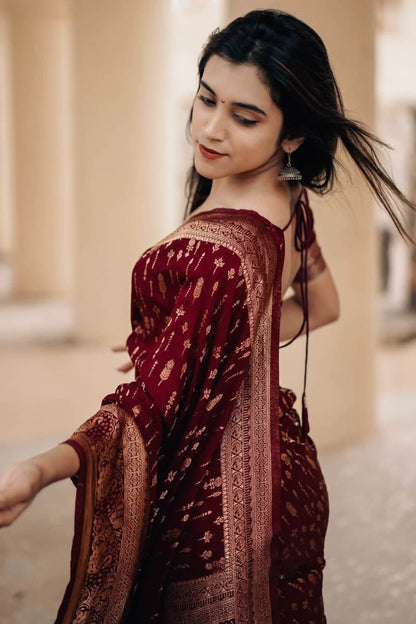 Dulcet Maroon Soft Silk Saree With Twirling Blouse Piece
