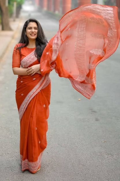 Felicitous Orange Cotton Silk Saree With Proficient Blouse Piece