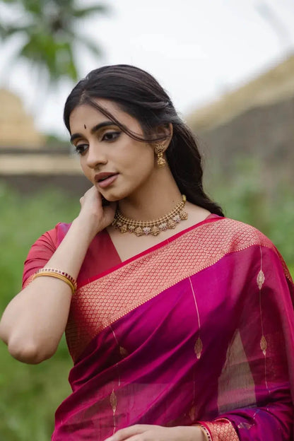 Most Flattering Dark Pink Linen Silk Saree With Desultory Blouse Piece