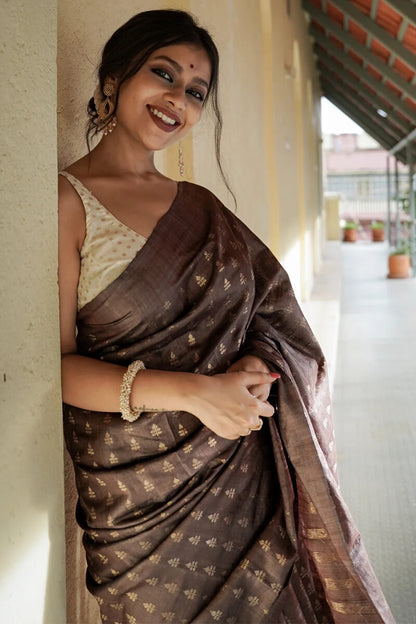 Groovy Brown Soft Silk Saree With Artistic Blouse Piece