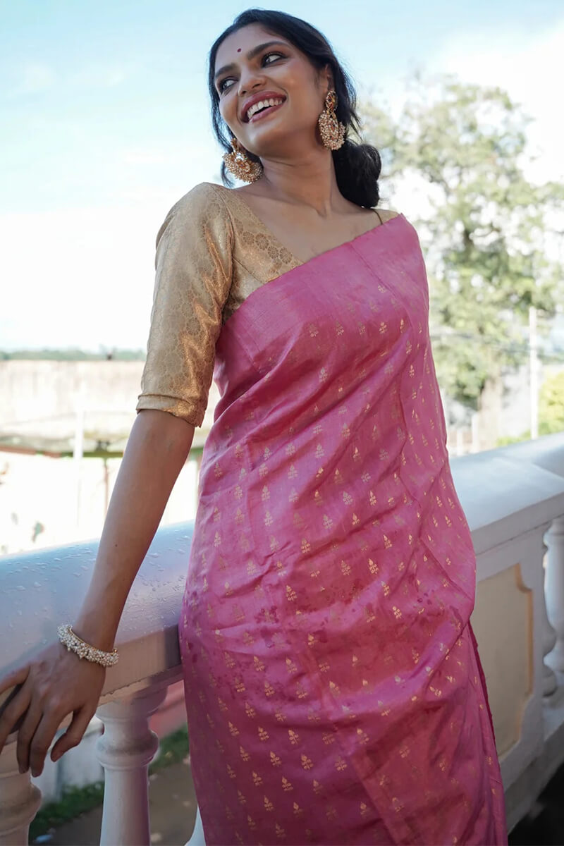 Gossamer Pink Soft Silk Saree With Blooming Blouse Piece