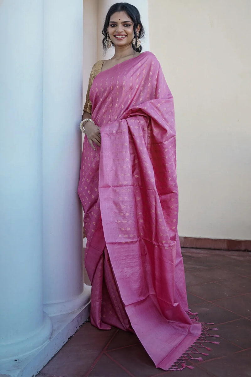Gossamer Pink Soft Silk Saree With Blooming Blouse Piece