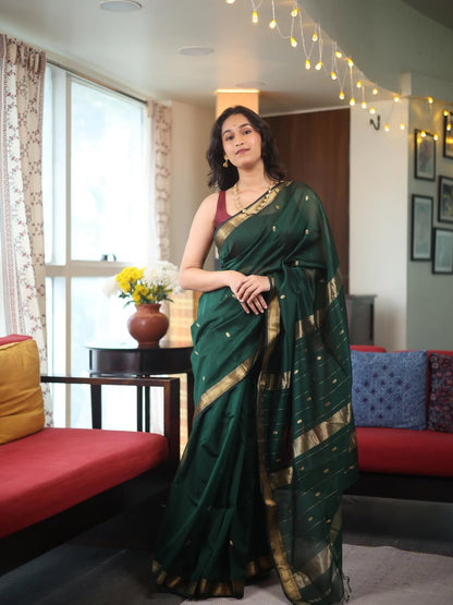 Glorious Dark Green Cotton Silk Saree With Proficient Blouse Piece