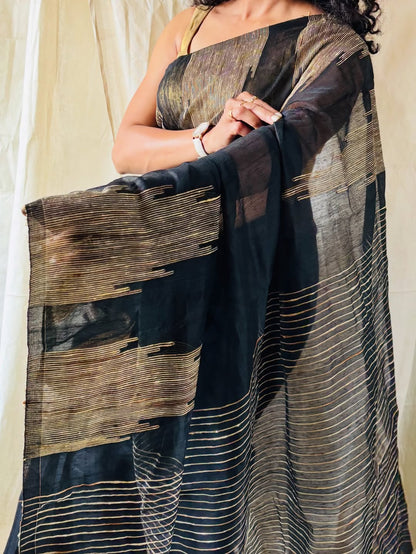 Effulgent Black Cotton Silk Saree With Unequalled Blouse Piece