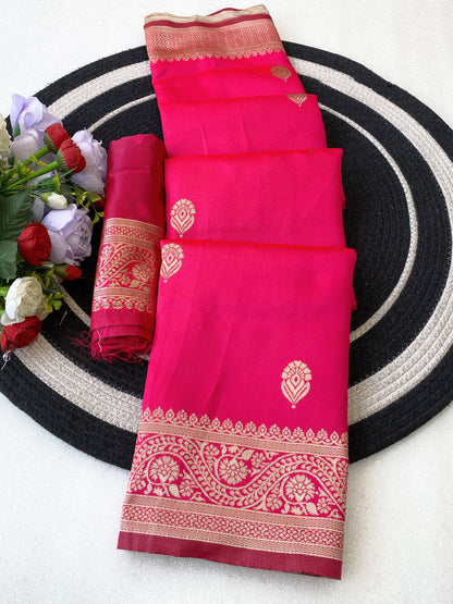 Incredible Dark Pink Soft Silk Saree With Classy Blouse Piece