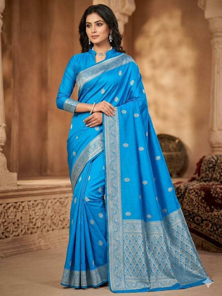Unequalled Firozi Soft Silk Saree With Capricious Blouse Piece