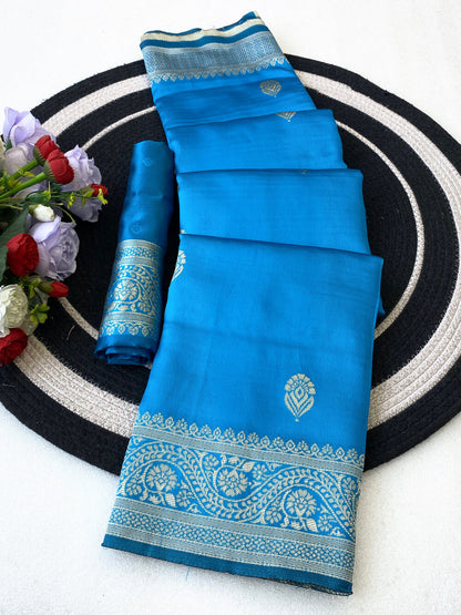 Unequalled Firozi Soft Silk Saree With Capricious Blouse Piece